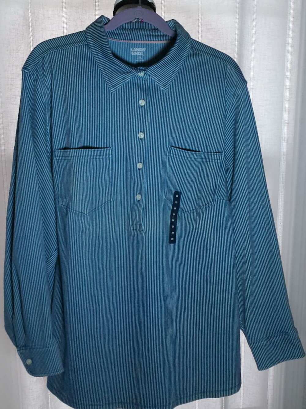 LANDS' END NWT Long Sleeve Collared 1/2 Button-Up White w/Blue Stripe Blouse 2X